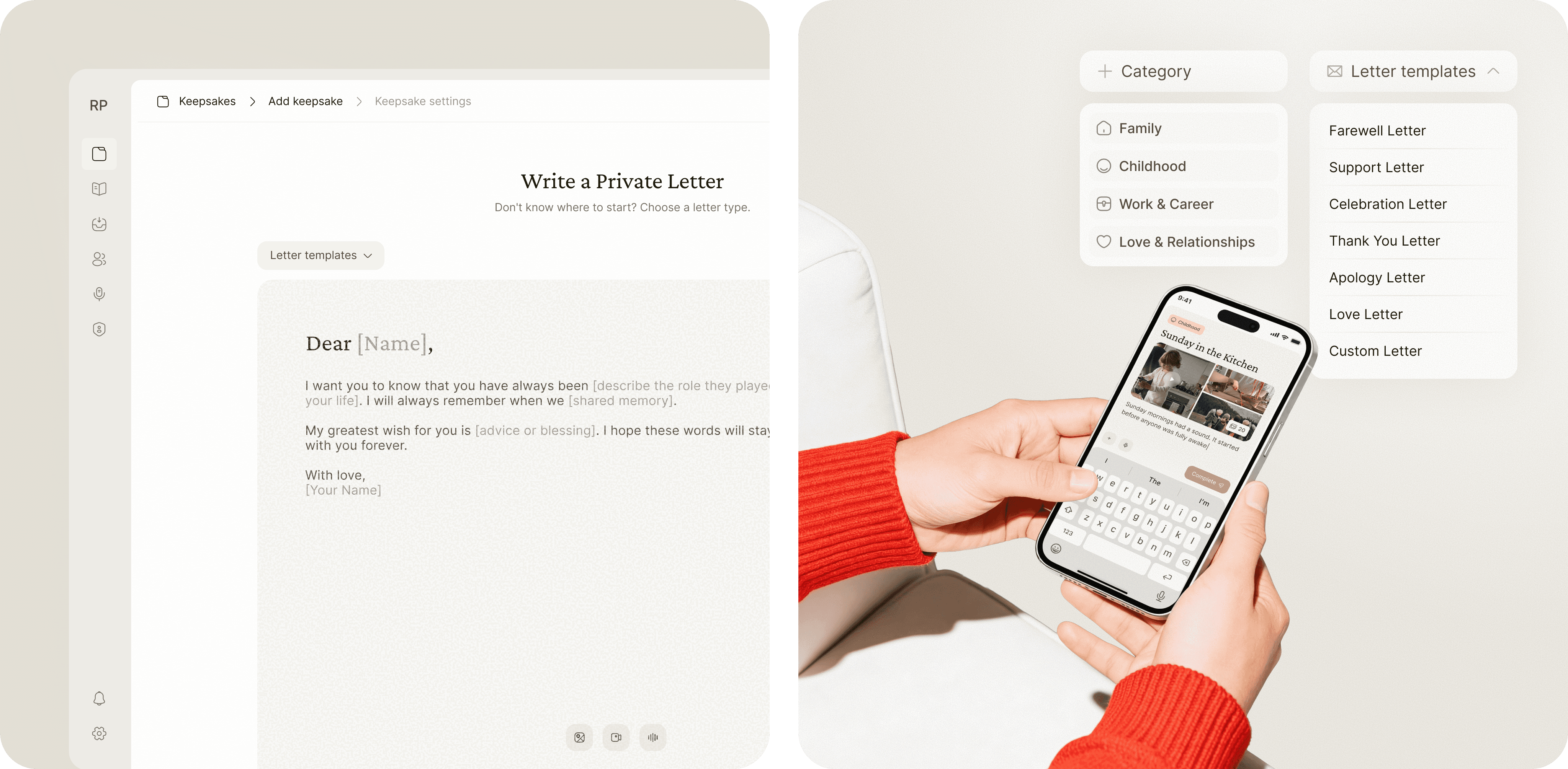 A person in a red sweater looks at a smartphone, while an email draft is visible on a nearby computer screen.