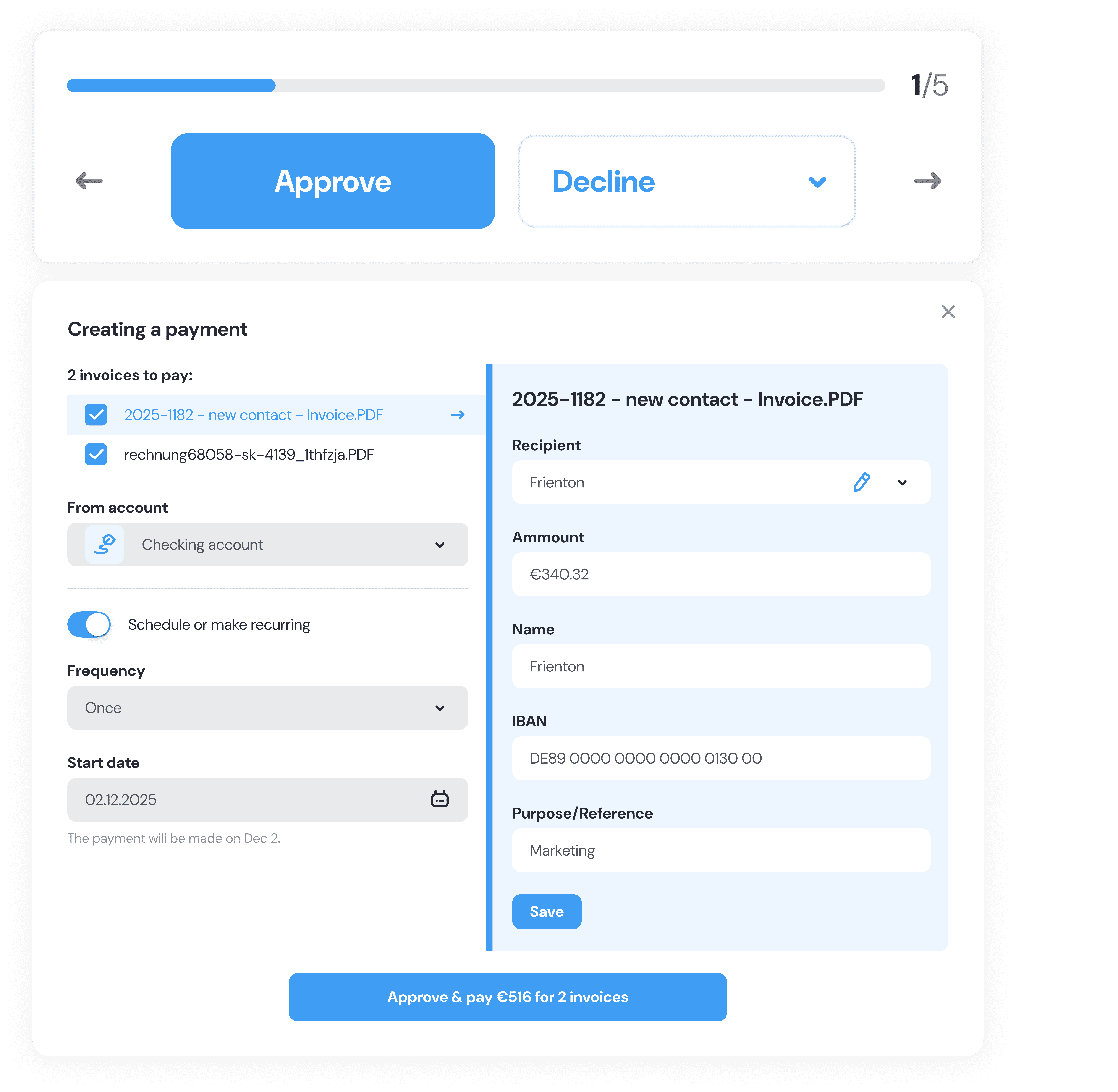 Before and after: separate approval and payment creation screens combined into single sidebar flow with document list, status indicators, and batch payment action