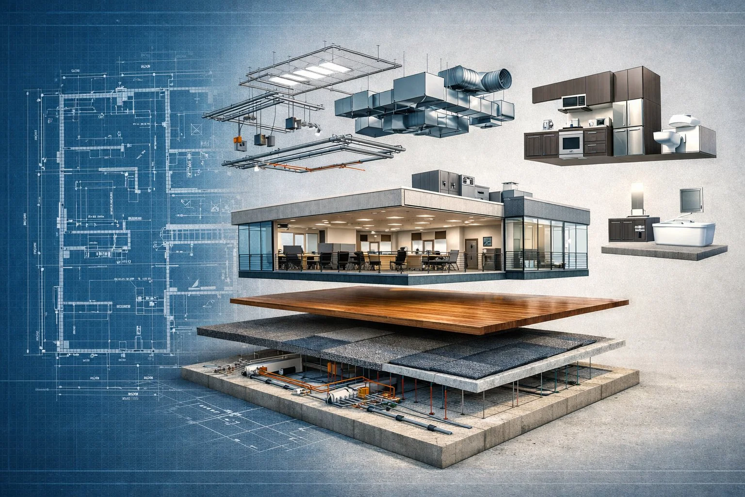 Stylized blueprint transforming into a 3D building with separated components like fixtures, flooring, and electrical systems, illustrating cost segregation.