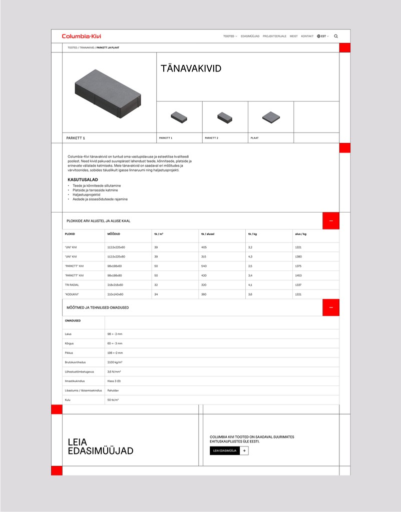 Masonary products desktop web page on a grey backgound.