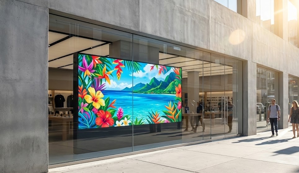 Ecrã digital retangular vibrante dentro de uma vitrine de loja moderna com fachada de betão. O ecrã exibe uma imagem colorida de flores tropicais e uma vista do oceano. O sol intenso cria reflexos na janela de vidro, com pessoas a caminhar no passeio exterior.