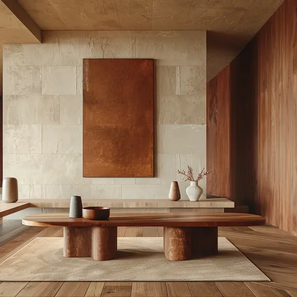 Interno minimalista dai toni caldi della terra con mobili in legno e pareti materiche, design d'atmosfera per un immobile di lusso.