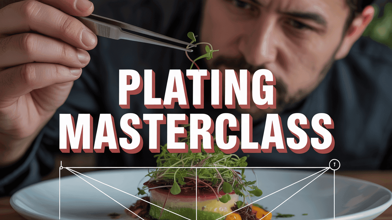 Fine Dining Plating Masterclass Thumbnail Template featuring chef using tweezers to place microgreens on gourmet dish with geometric plating guide...