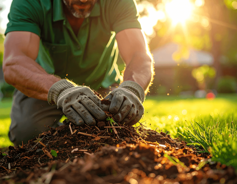 Gardener applying fresh mulch to a garden bed during a sunny day, promoting healthy soil and plant growth.