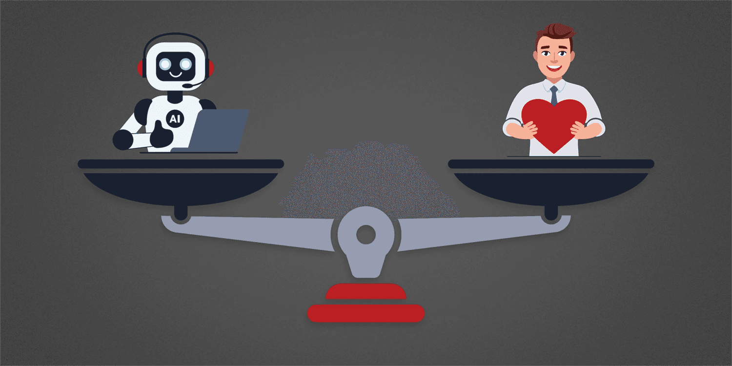 A graphic with a scale showing an AI robot on one side and a person holding a heart on the other side.