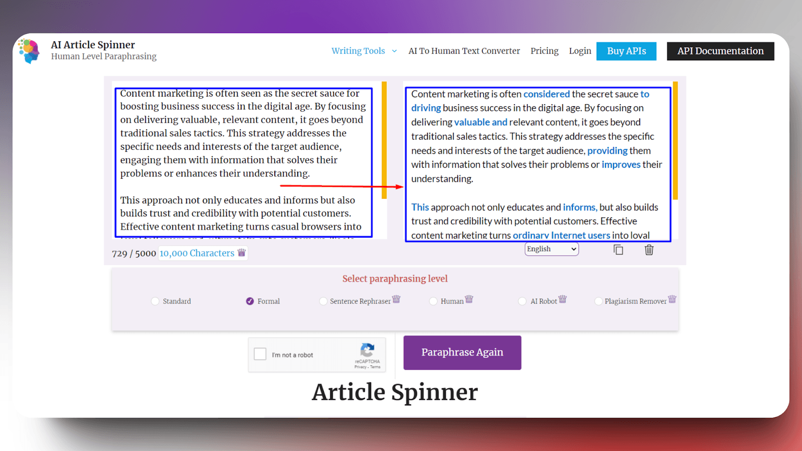 AI Article Spinner - rewritten content