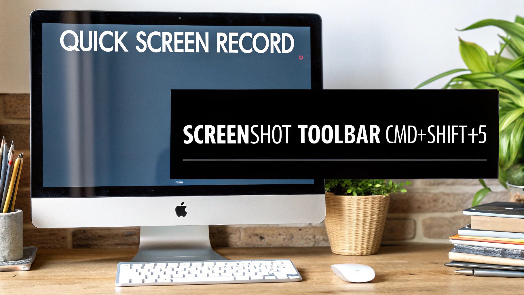 A Mac computer screen displaying 'QUICK SCREEN RECORD' and a black overlay with 'SCREENSHOT TOOLBAR CMD+SHIFT+5'.