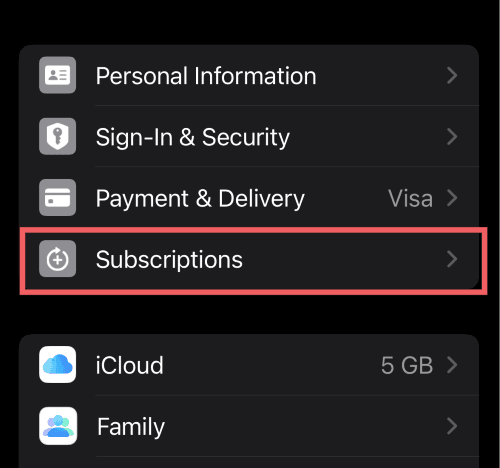iPhone Settings screen showing Apple ID menu for subscription management