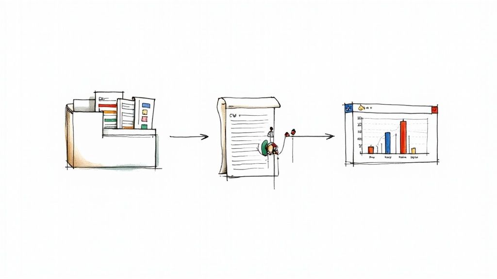 An illustration showing data transformation: documents in a folder, processed into a CSV-like sheet, then visualized as a bar chart on a screen.