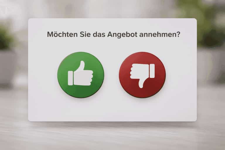 Umfrage zur Angebotsannahme mit Daumen hoch (grün) und Daumen runter (rot) Schaltflächen