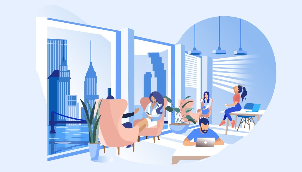 Illustration of a modern coworking space with large windows overlooking a city skyline, where people work on laptops, chat in lounge chairs, and relax with drinks.