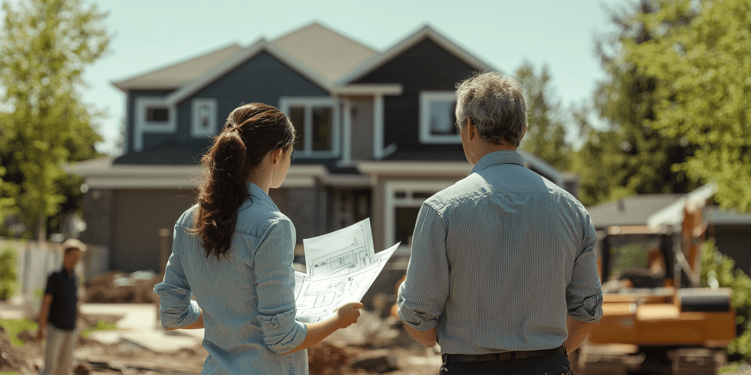 Femme et homme consultant les plans de rénovation devant une maison