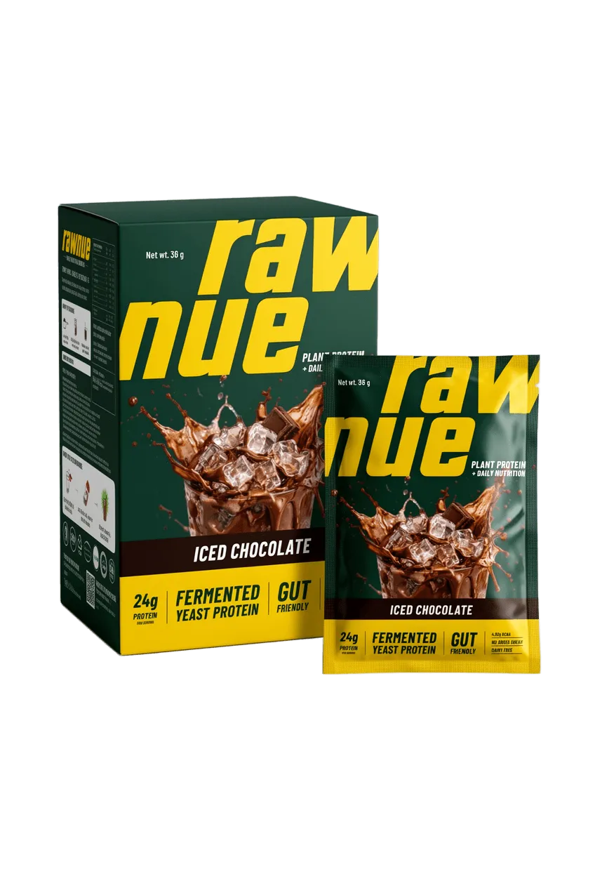Rawnue Morning Protein plant-based iced chocolate shake served over ice