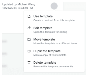 Screenshot of a dropdown menu in the ROGER app, showing how to duplicate a template.