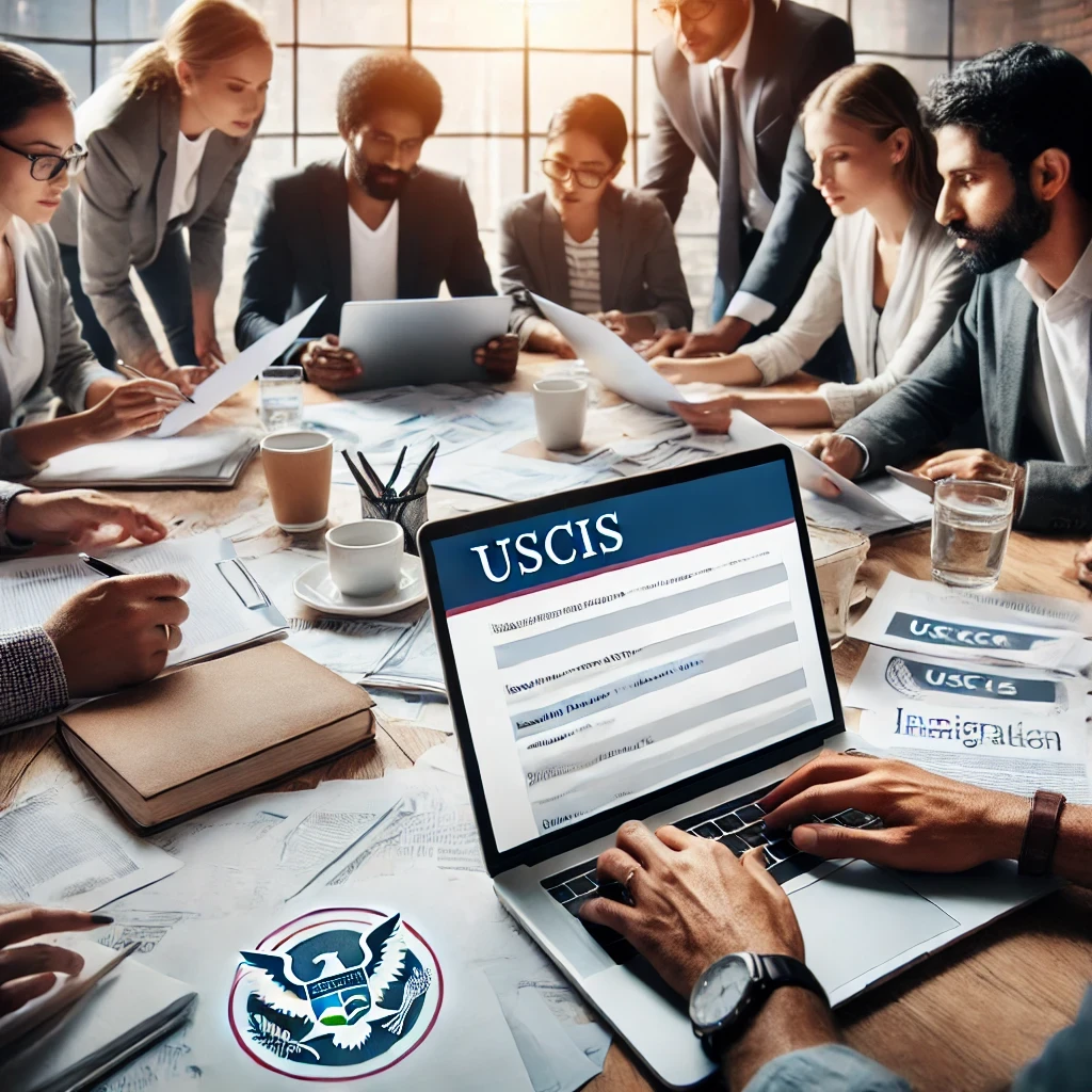 A diverse group of people gathered around a table with laptops and documents, collaborating on immigration paperwork. The atmosphere is professional and focused, with the USCIS homepage visible on a laptop screen. The setting is a modern office with large windows and natural light.