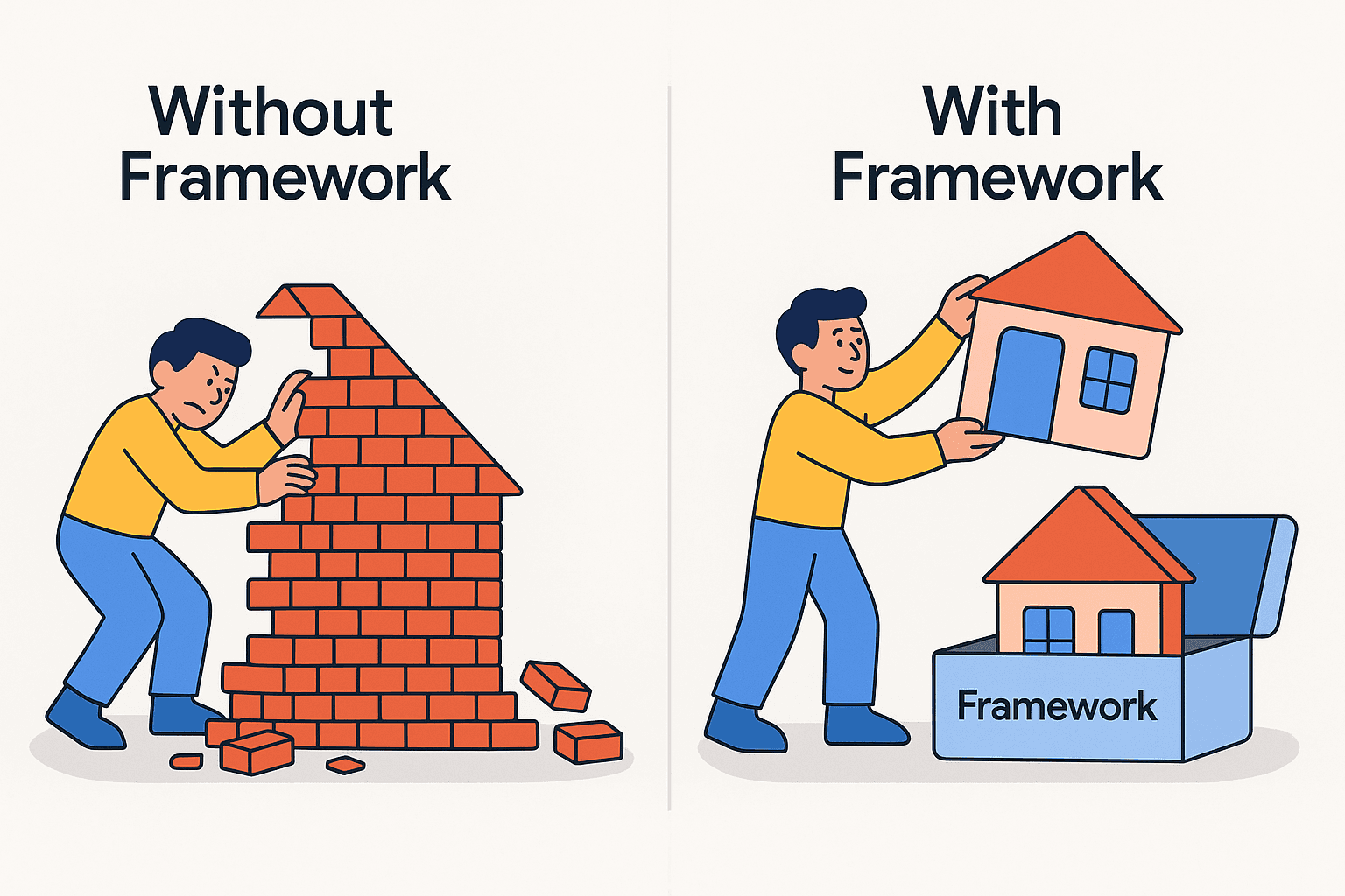 Side-by-side illustration showing a developer struggling to build a house from loose bricks on the left and easily assembling it using pre-built modules from a labeled 'Framework' box on the right.