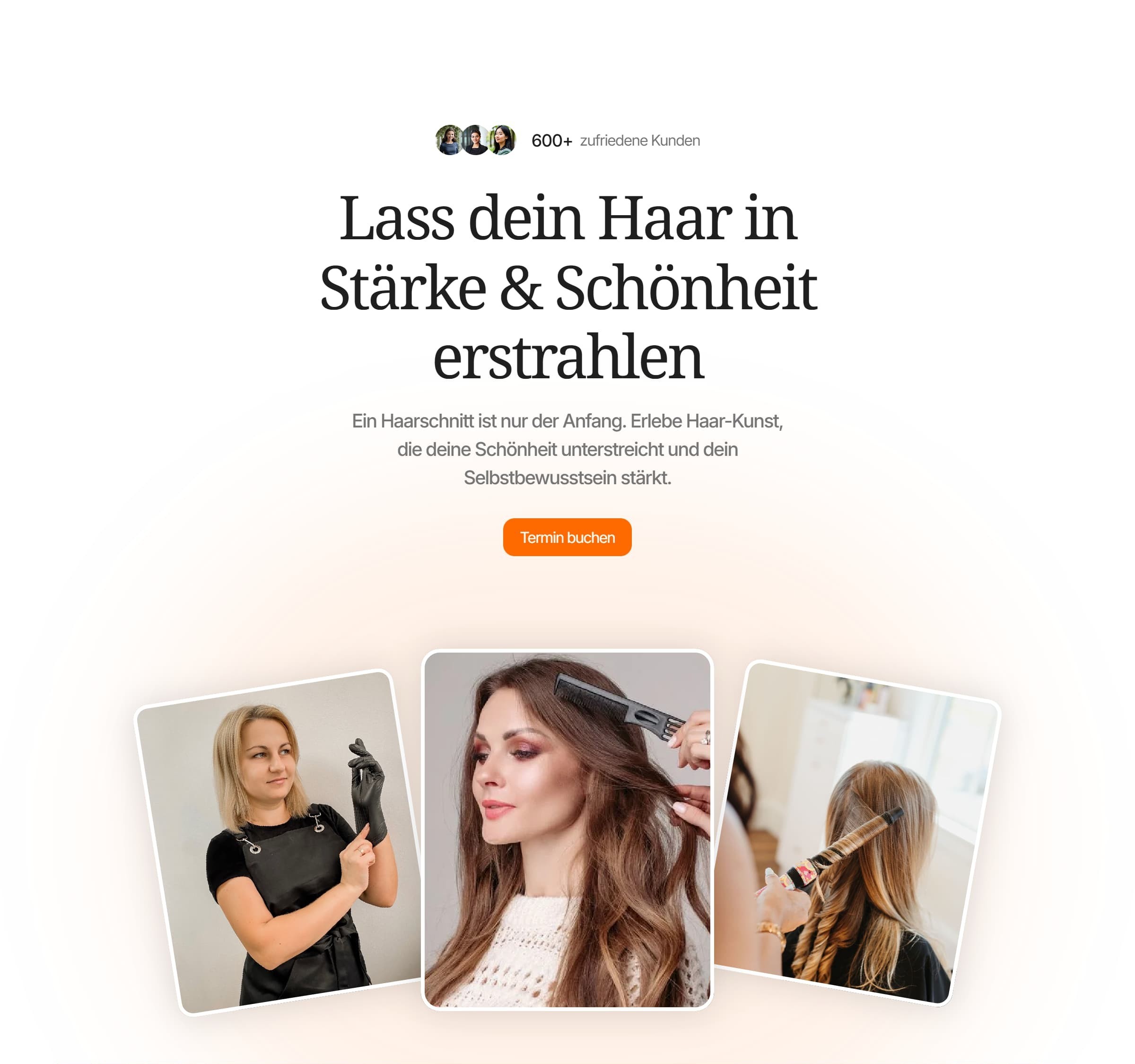 Die Hero-Section einer Salon-Website - eine große Überschrift und 3 Bilder