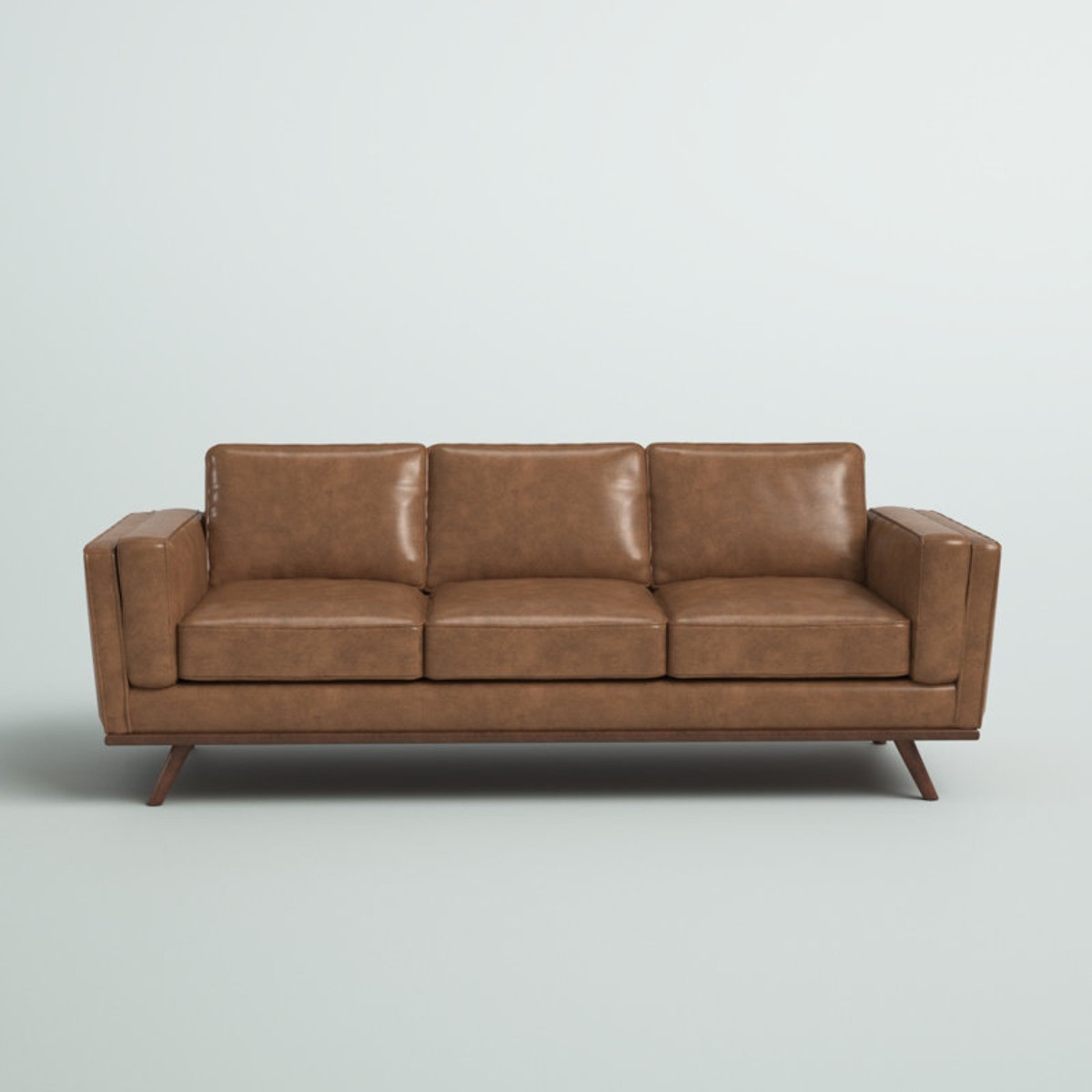 Brown leather Bodine sofa with square arms and mid-century modern design