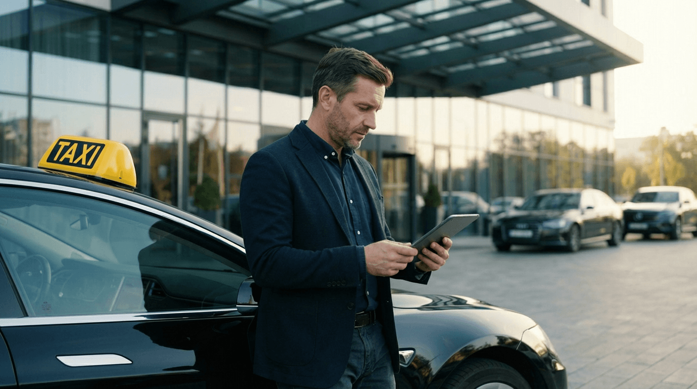 Chauffeur VTC souriant devant son véhicule noir : Assurance professionnelle avec RC Pro, bonus créateur 0.85 et acceptation résiliation pour non-paiement chez Select Assurance.