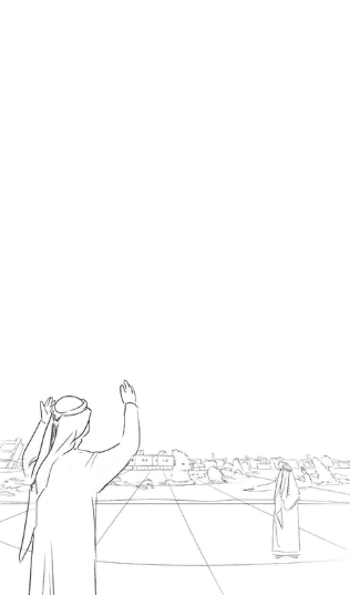 Two men in traditional dress wave at a large, gift-wrapped box floating in the sky