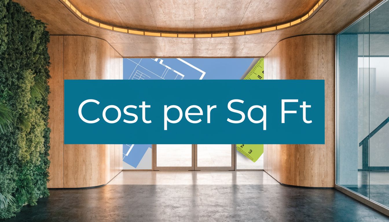 a commercial building with a blue banner reading 'cost per sq ft'