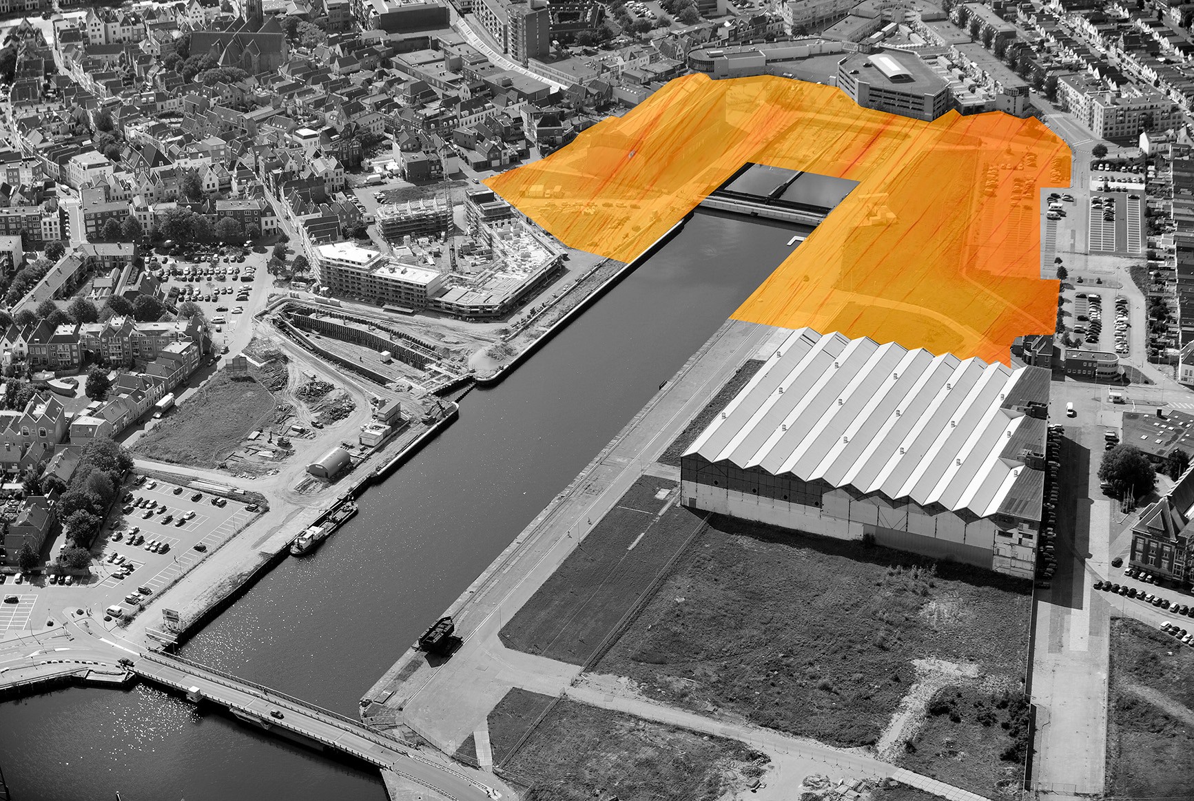 Scheldekwartier aerial photo with pink indication of the area to be developed