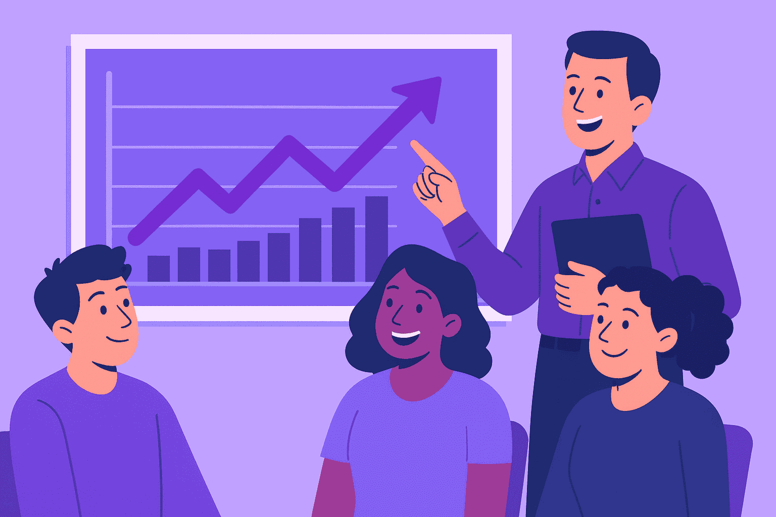 Flat-style digital illustration of a diverse team smiling as a manager points to a large upward graph, symbolizing rising productivity after time tracking software adoption in a positive, collaborative office environment.