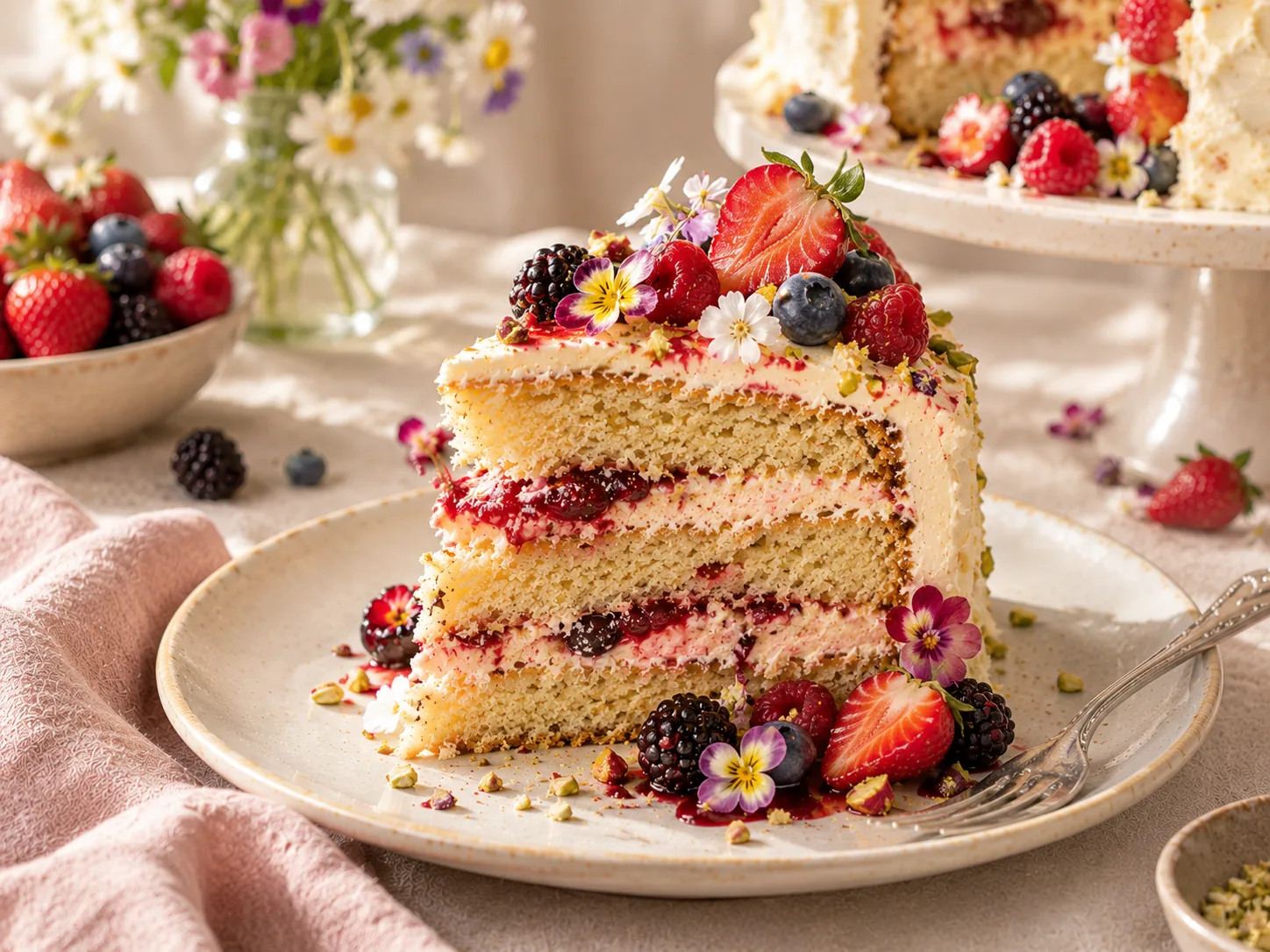 A slice of Summer Fruit Naked Cake with berries