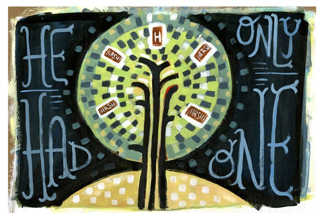 The image is a stylized artwork with a central circular design resembling a tree, composed of green and light green sections with darker green lines indicating branches. Within this circular design are several small, rectangular shapes with brown backgrounds and white text that appears to read “HIRSHI.” Surrounding the central circle is a black background with stylized, light blue text reading “HE/HAD/ONLY.” A light beige or cream-colored area forms the ground beneath the central design. The overall style is abstract and uses bold colors and simple shapes.