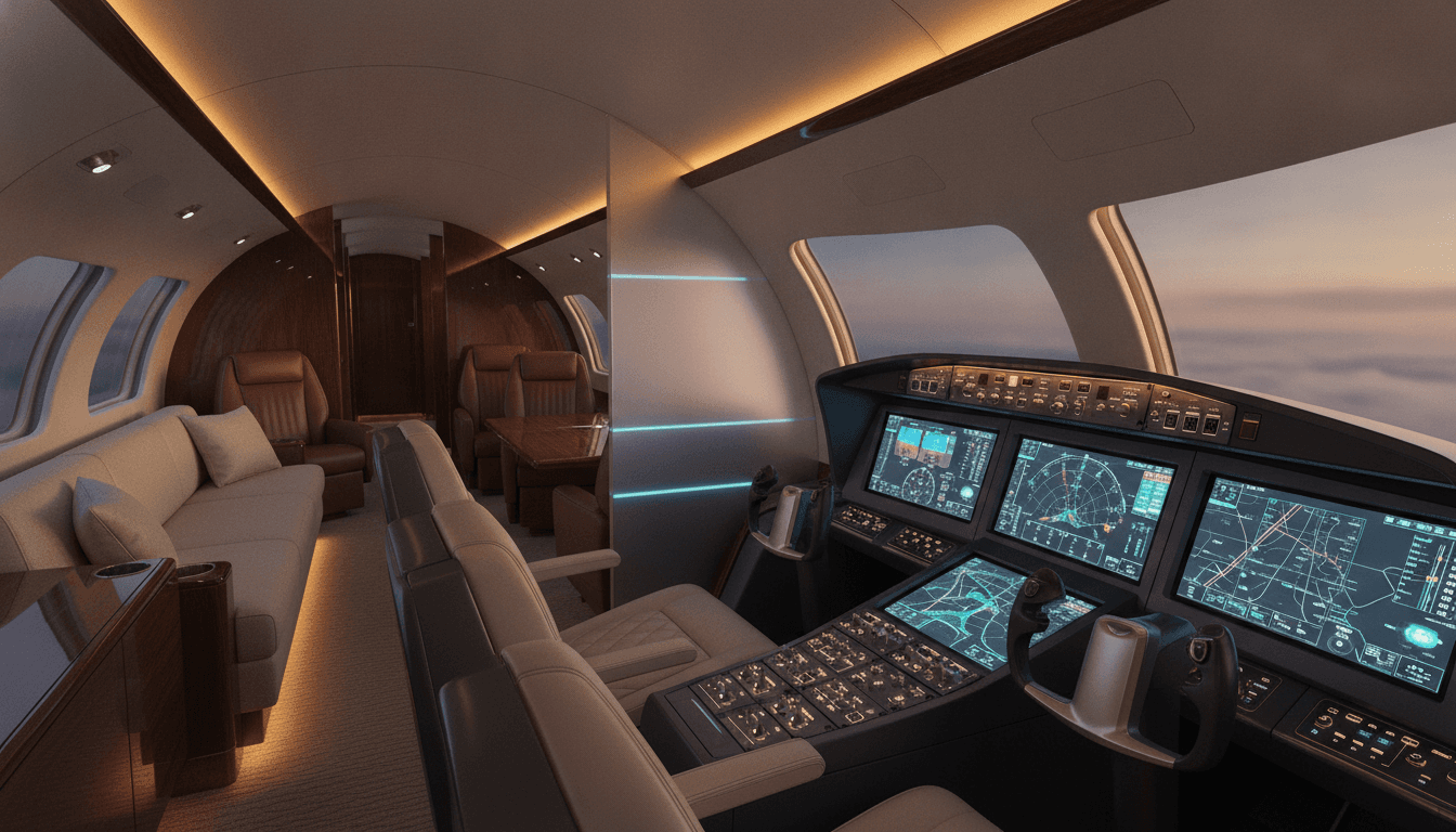 Cockpit and cabin interior of a high-speed private jet