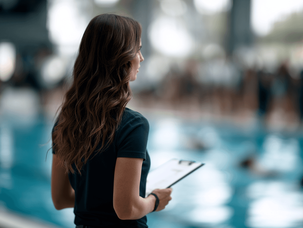 Female swim coach standing poolside with clipboard, observing swimmers during a training session