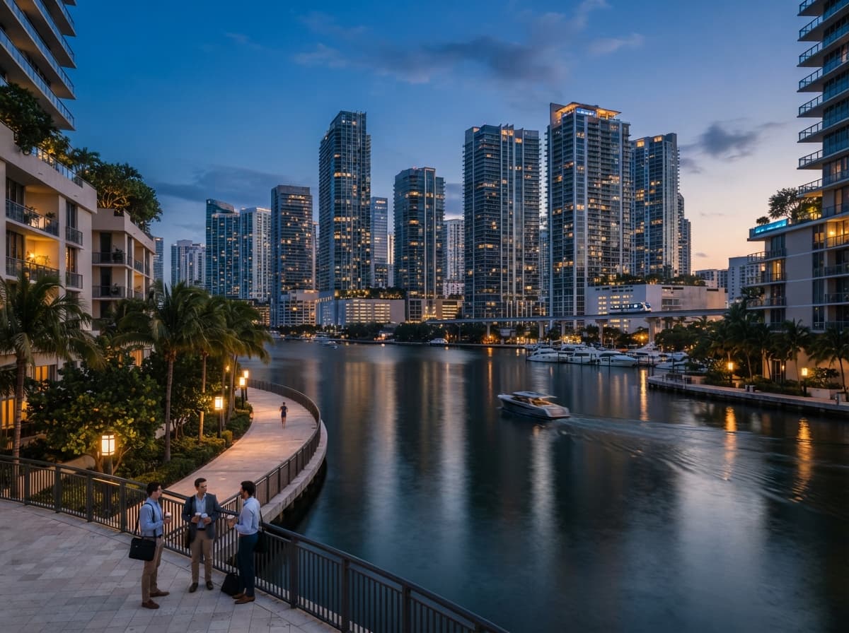 Three professionals chatting on a riverside promenade at dusk, with lit high-rise towers reflected in calm water and a boat cruising past
