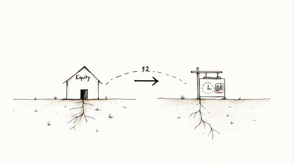 Illustration showing equity building roots transforming into business growth with two dollar investment arrow
