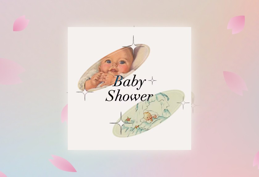 Whimsical baby shower invite with soft blush tones and a baby photo collage framed in floral elements.