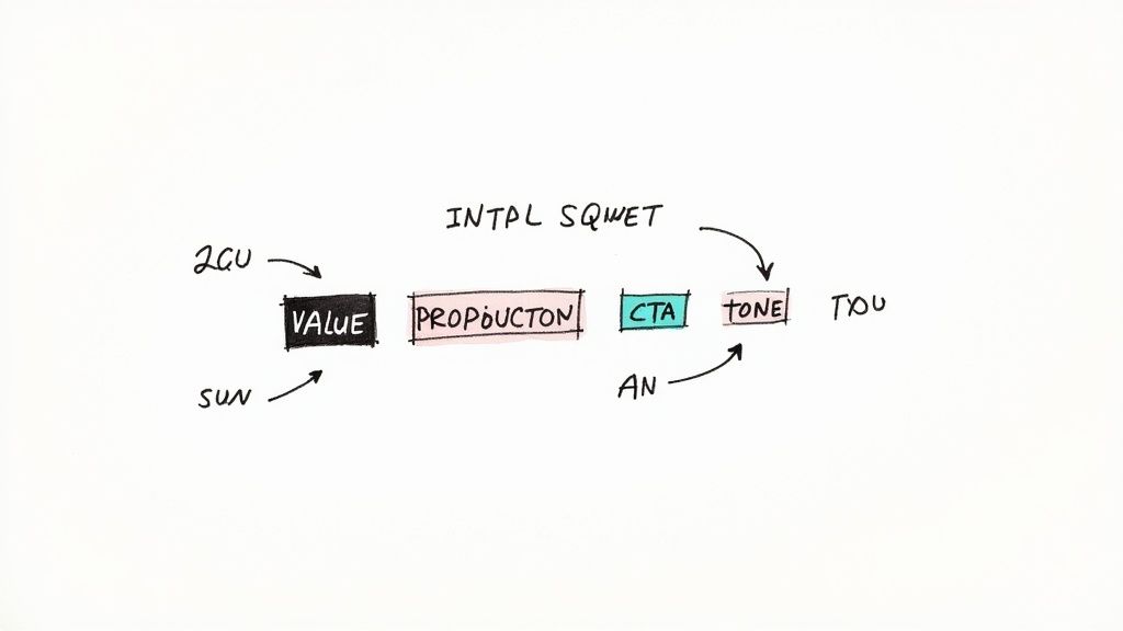 Hand-drawn flow diagram illustrating a sequence with steps labeled Value, Production, CTA, and Tone, connected by arrows.