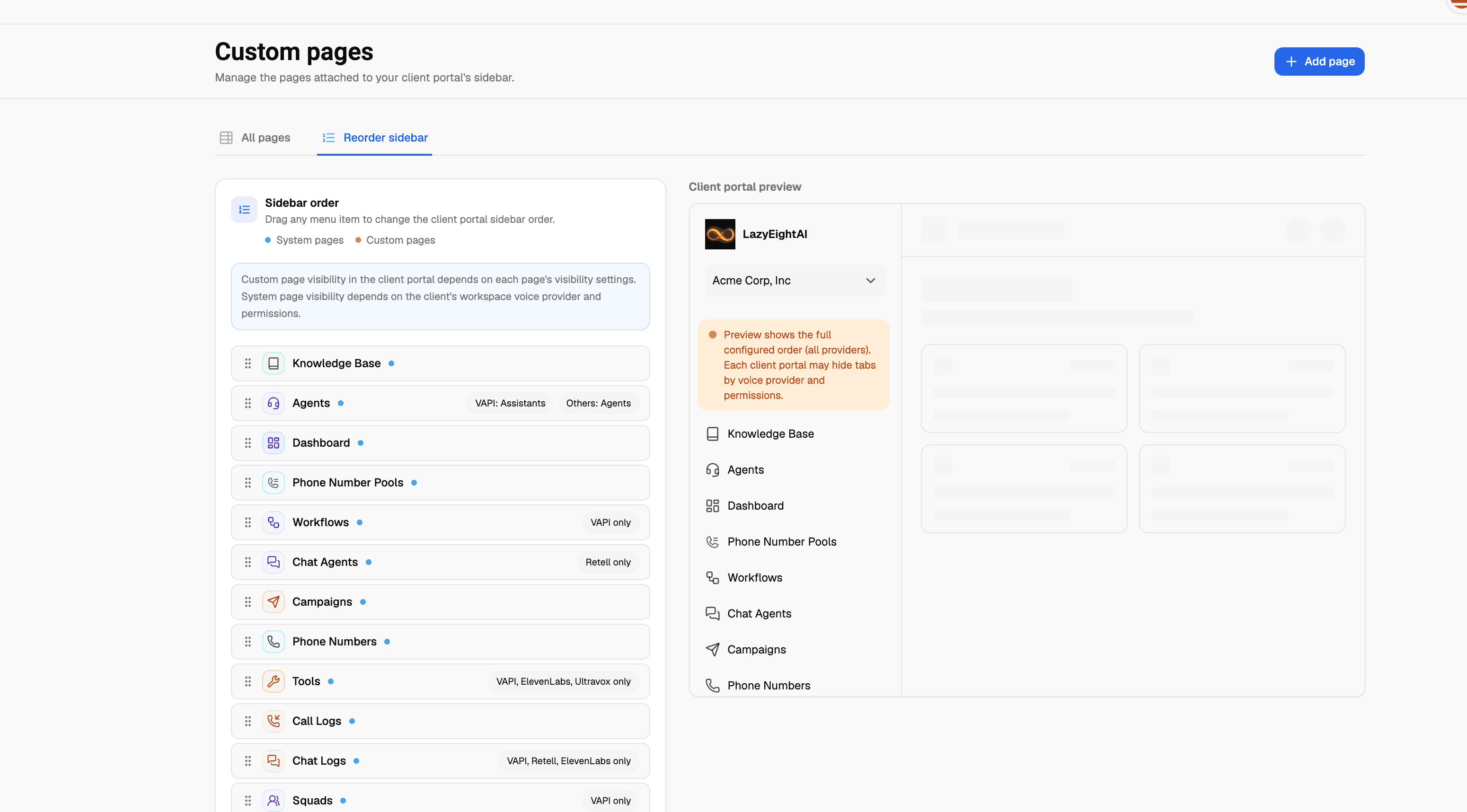 VoiceAIWrapper custom client portal configuration showing draggable sidebar items, provider-specific access notes and a branded client preview used by agencies to control which chatbot, campaign and reporting pages a client can access.