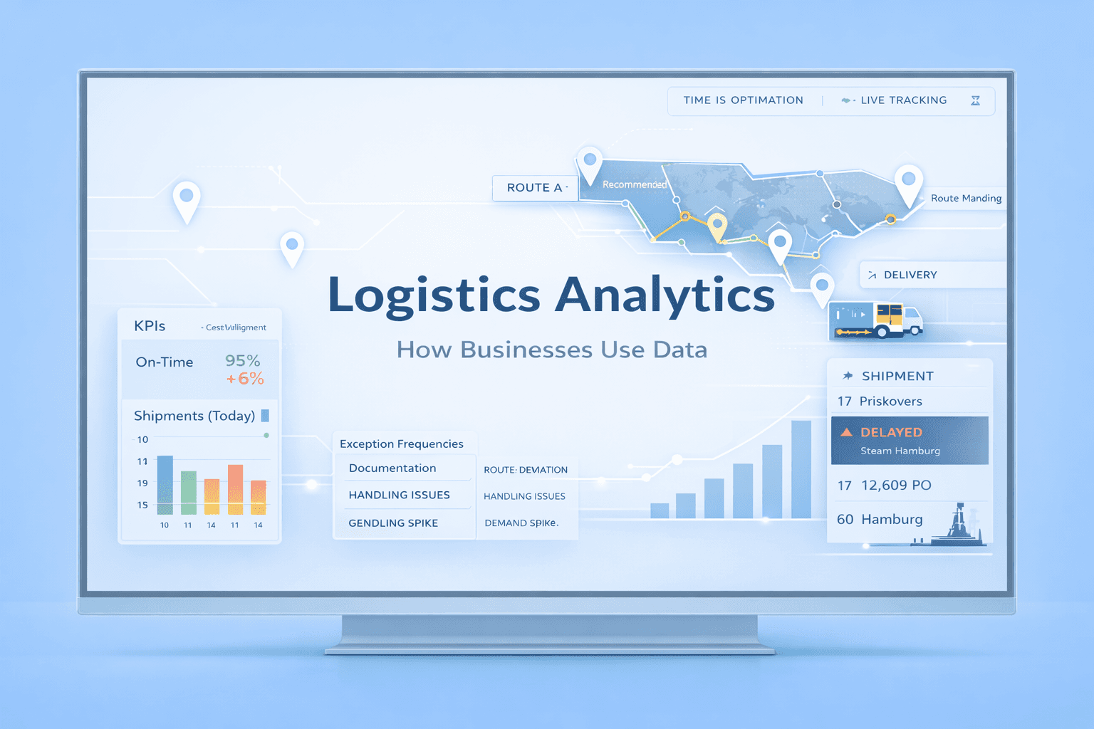 Logistics analytics dashboard illustration showing KPIs, route optimization paths, and real-time shipment tracking across global supply chains.