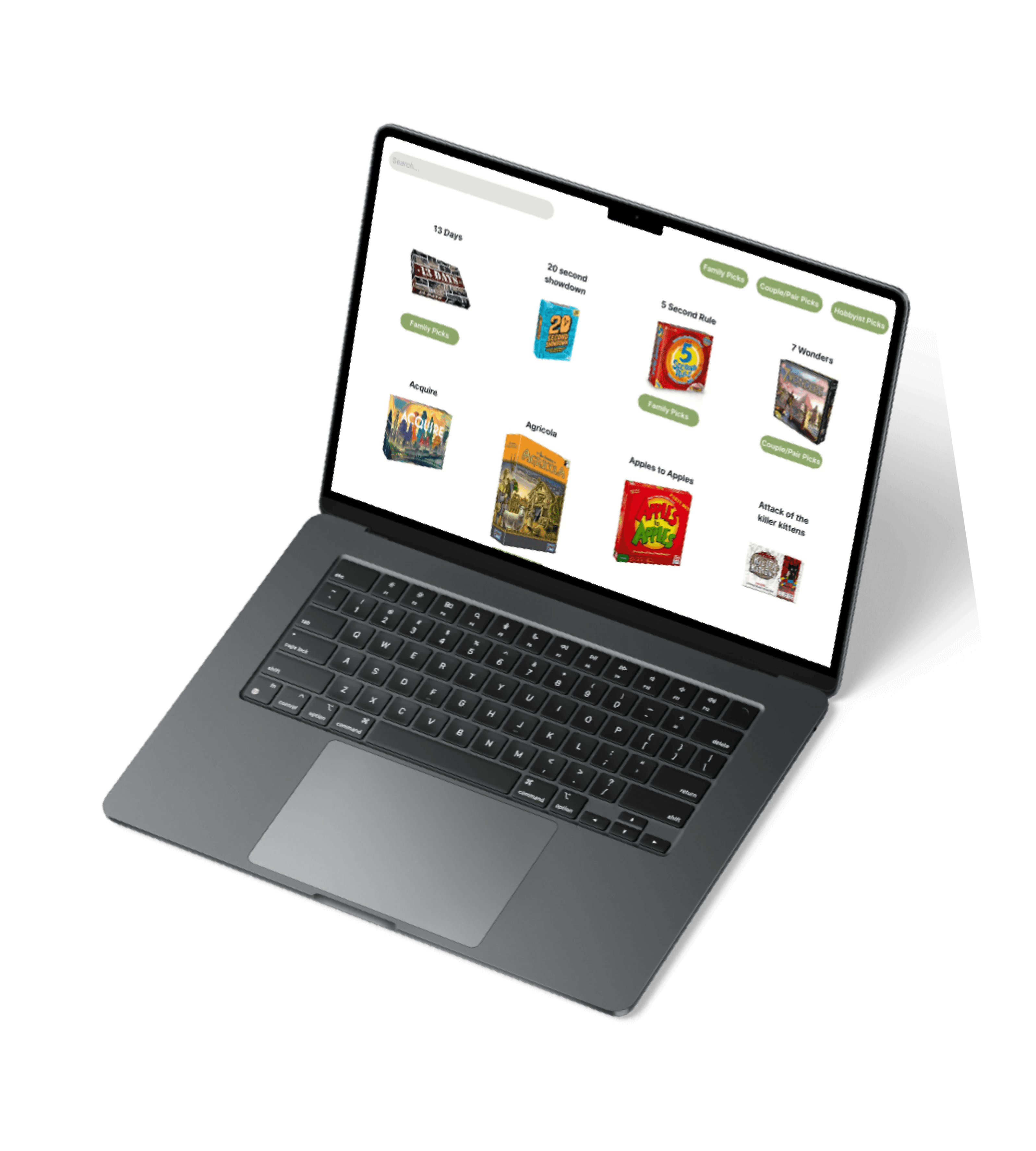 Laptop mockup of the game catalogue page.