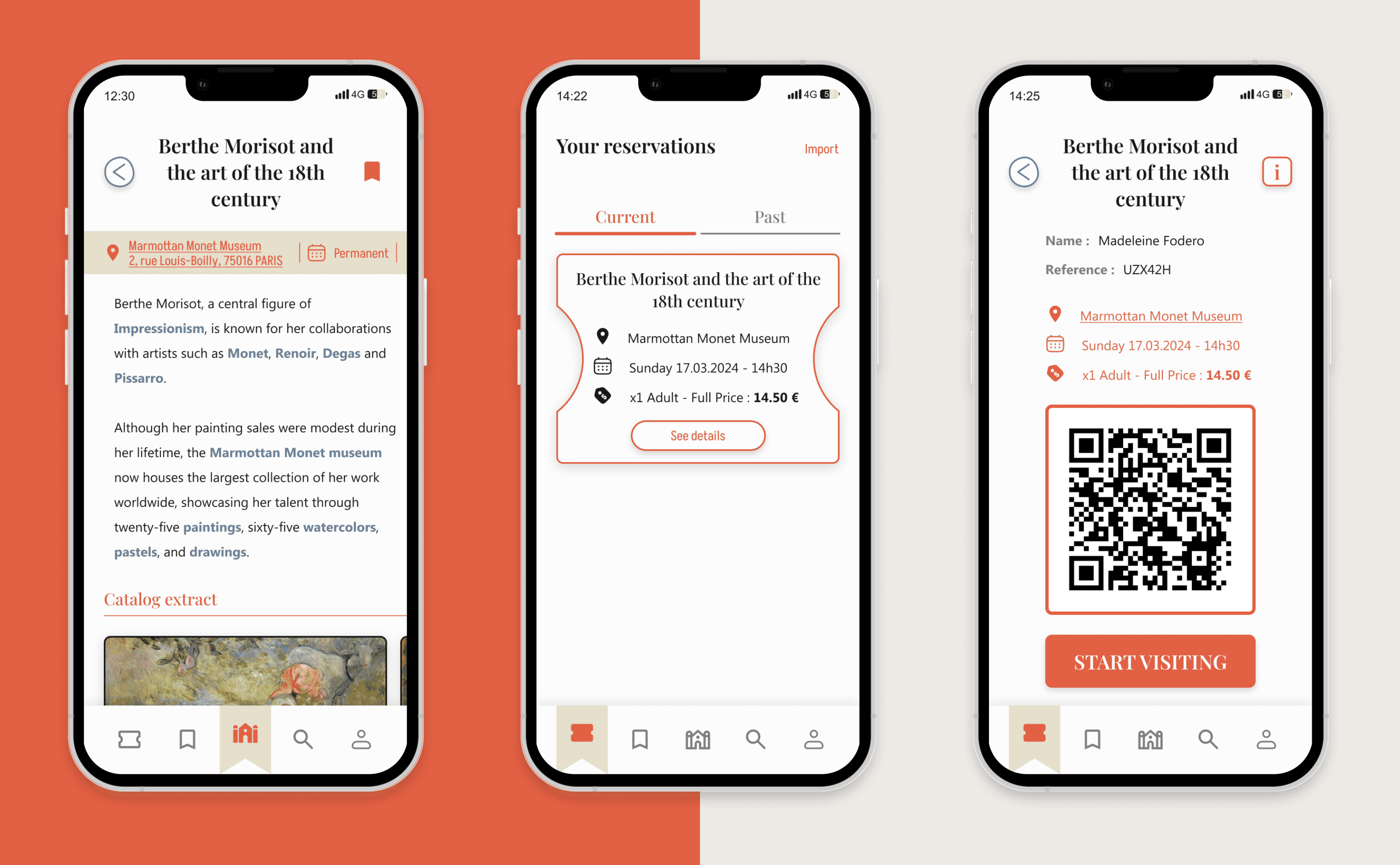 Une série de trois iPhones affichant chacun un écran de l'application : une page descriptive d'un événement à gauche, la page de stockage des tickets au centre et la page de validation de l'exposition Berthe Morisot à droite.