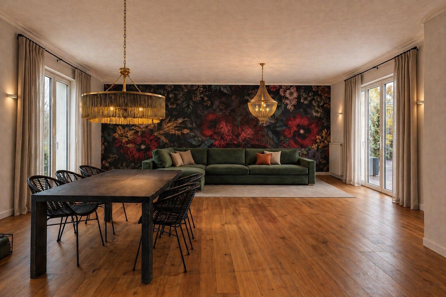 The original open-plan living room — green velvet sectional, dark floral wallpaper, brass chandeliers, mid-renovation with a cream rug fighting the wallpaper