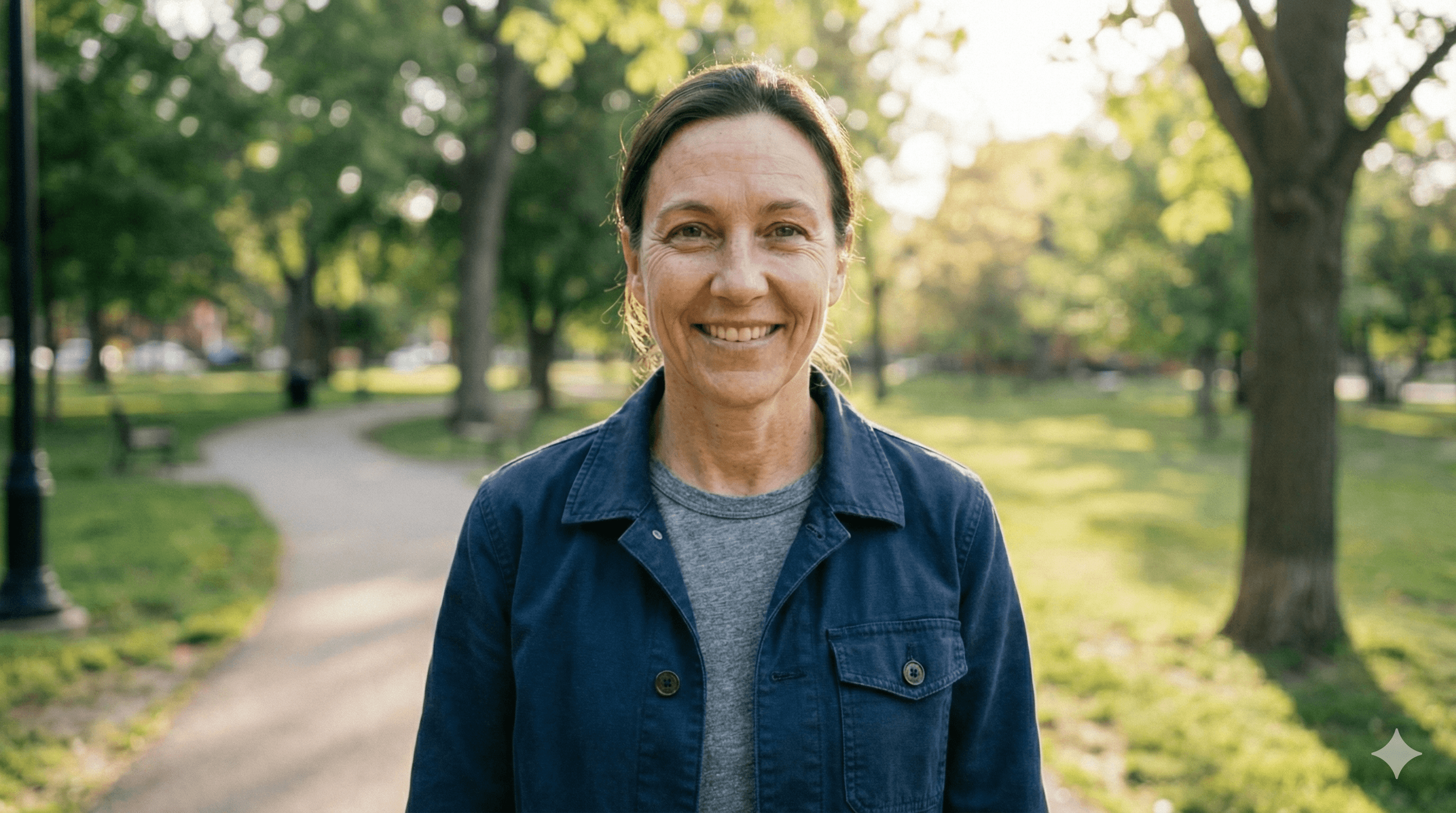 Smiling person in a park wearing a navy jacket.