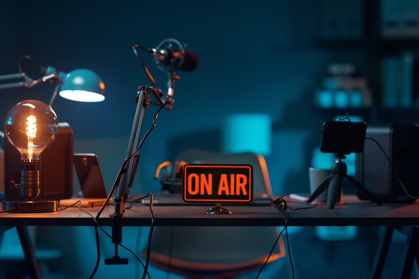Freight podcast set-up with on air sign
