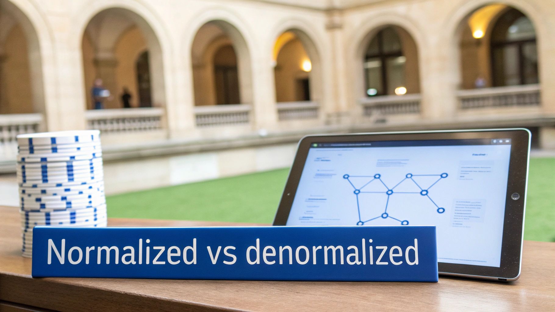 A blue sign reading 'Normalized vs denormalized' sits next to a tablet showing a data graph and stacked chips.