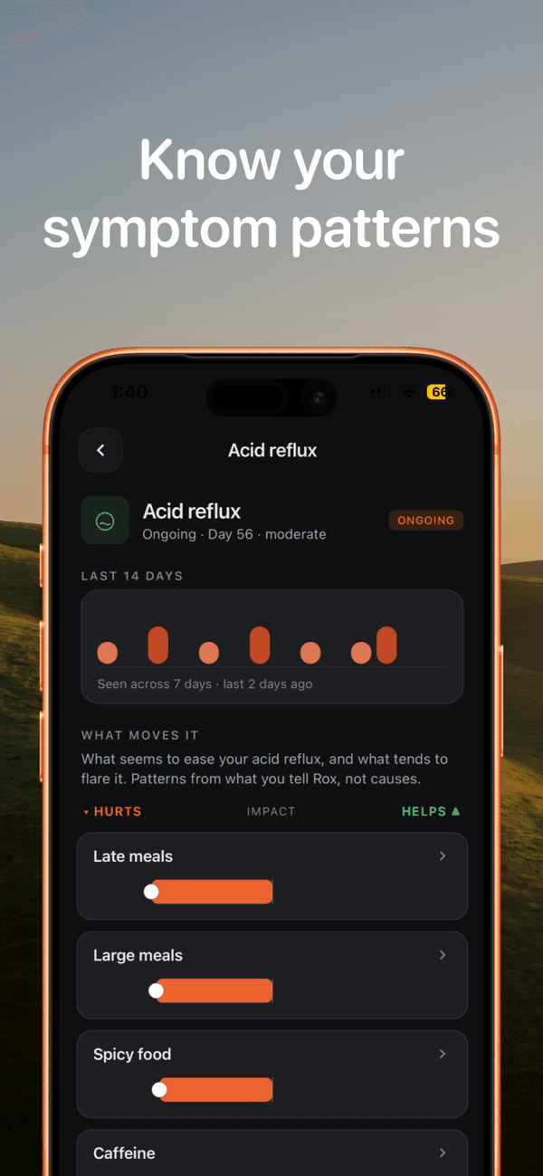The Rox app showing symptom pattern insights, free of charge