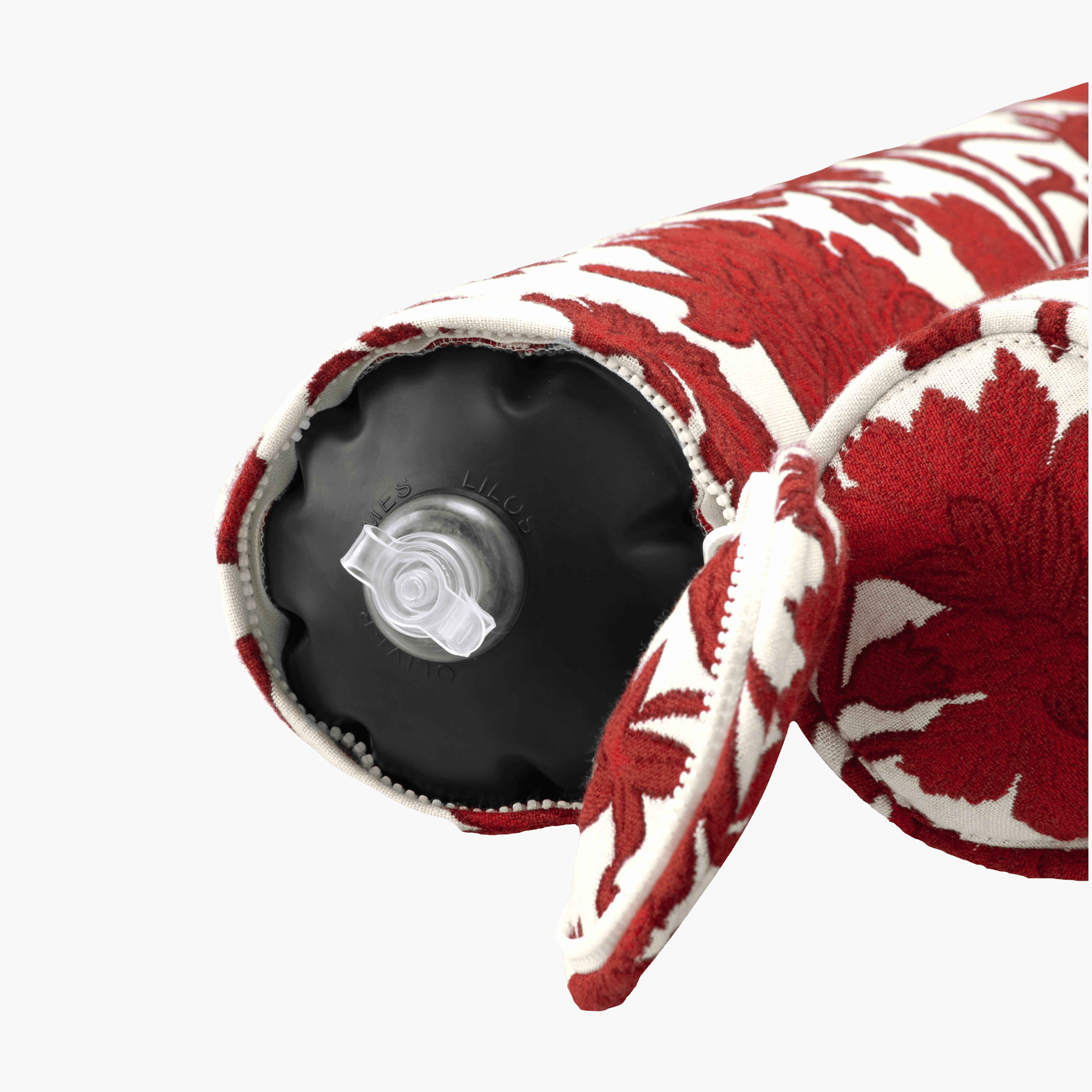 Close-up of hammock pool float showing Dragonflower jacquard weave, inflation valve, and silver eyelet