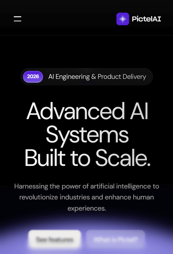 Homepage design featuring a black background with a violet semi-sphere graphic.