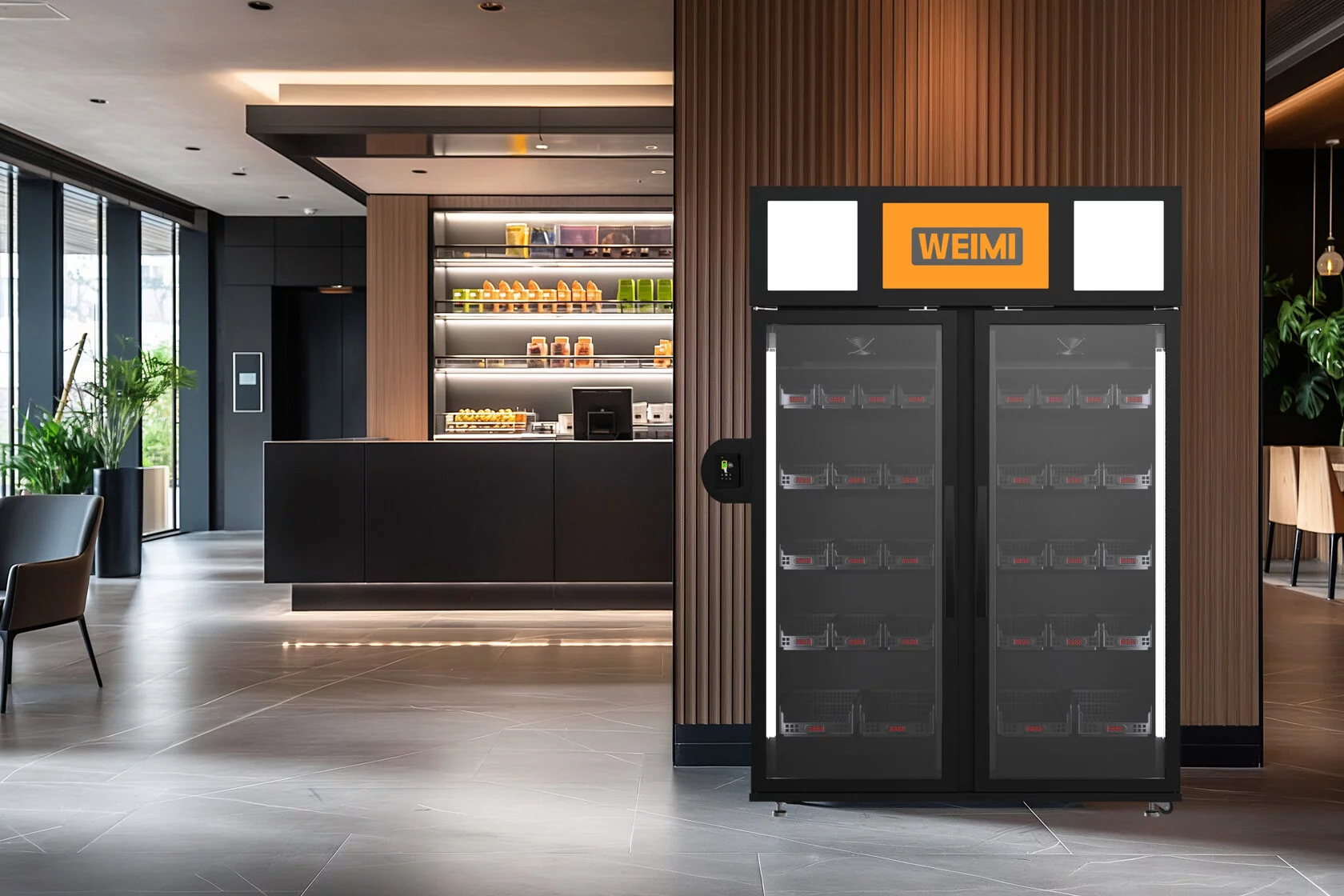 WEIMI viedais divdurvju pašapkalpošanās ledusskapis modernā kafejnīcas vestibilā