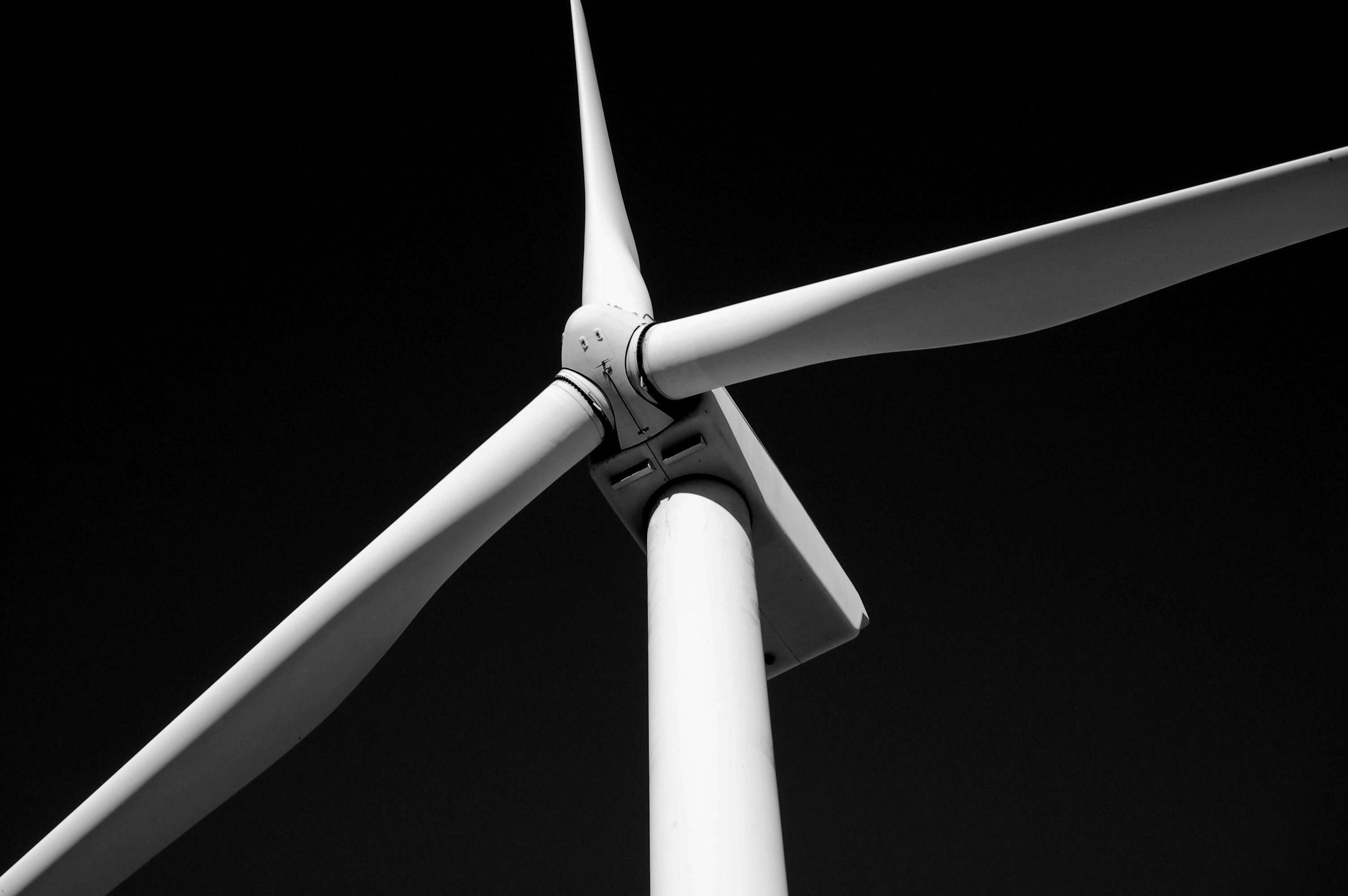 Black and white image of a wind turbine