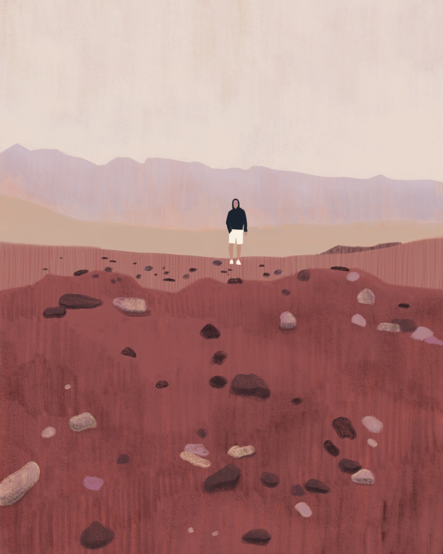 Small figure standing in a red volcanic landscape scattered with stones, with hazy mountains behind — "Tenerife 01" by Katarzyna Księżopolska