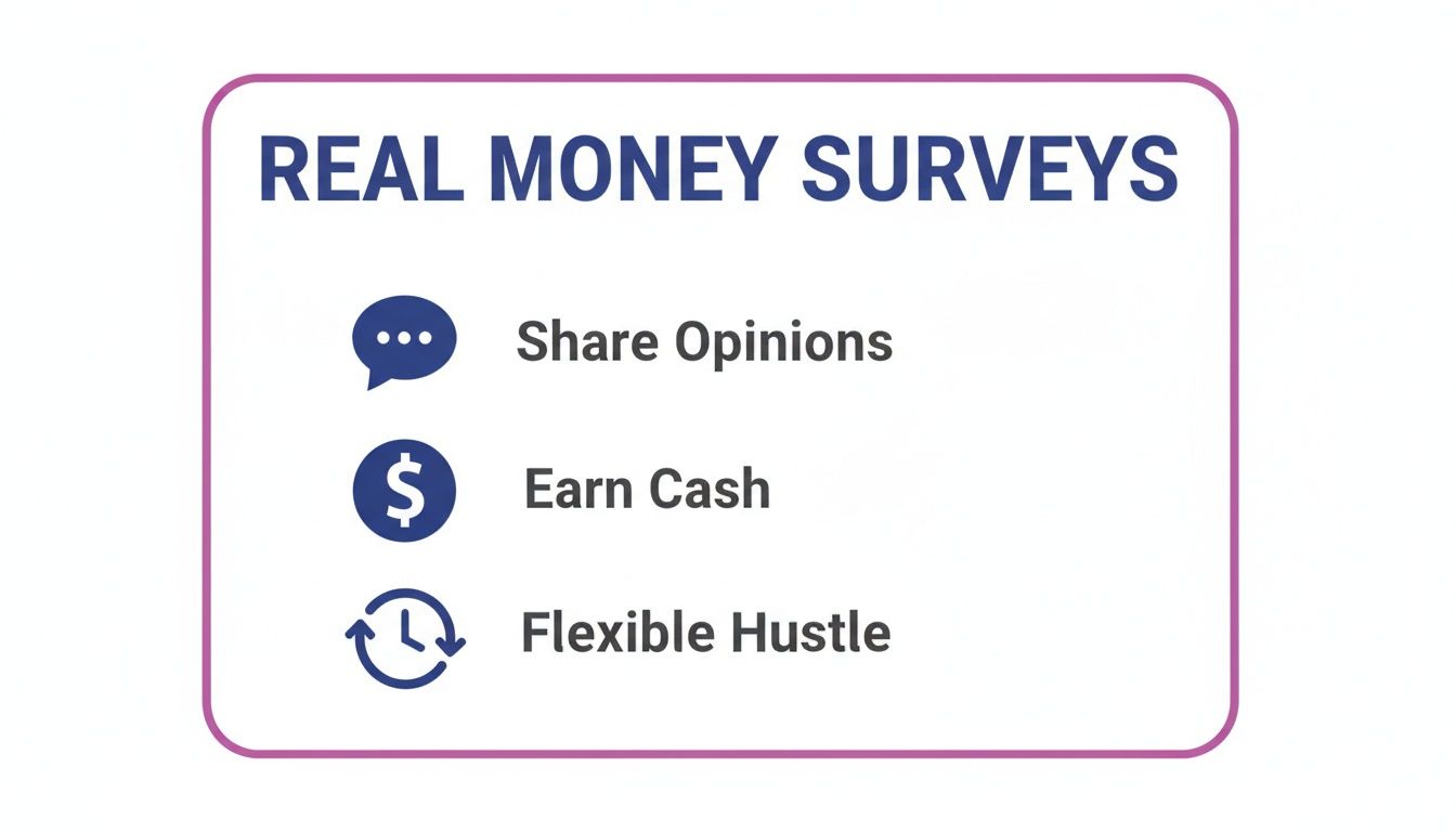 An infographic titled 'Real Money Surveys' with icons for 'Share Opinions', 'Earn Cash', and 'Flexible Hustle'.